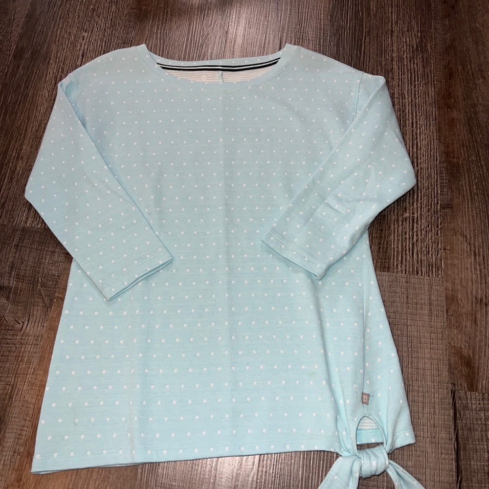 T by Talbots Blue w White Polka Dots Shirt Womens XS 3/4 Sleeve Side Bow tie